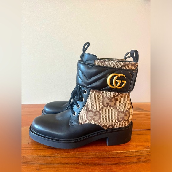 Gucci Logo EU 36 Print Canvas & Leather Combat Boots Booties - Picture 1 of 16